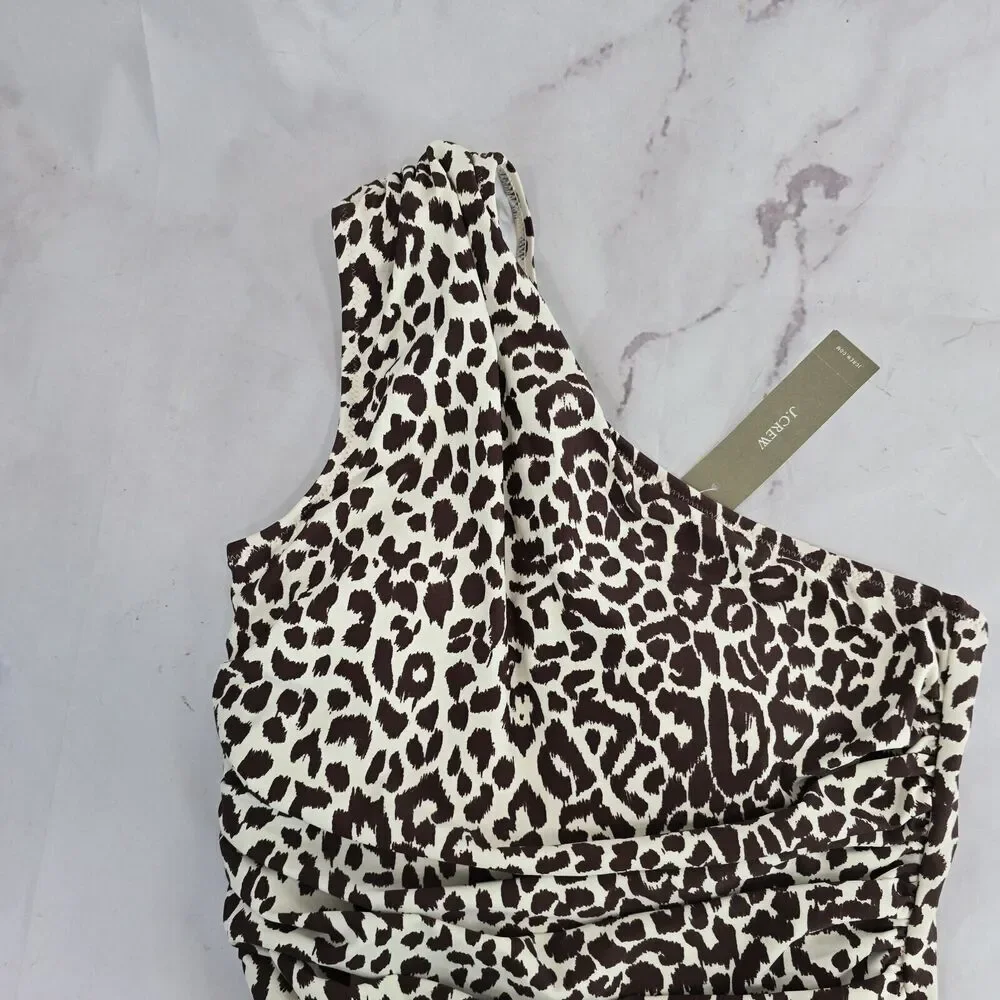 J Crew One Piece One Shoulder Ruched Bikini Leopard Swim Suit BF245 NEW